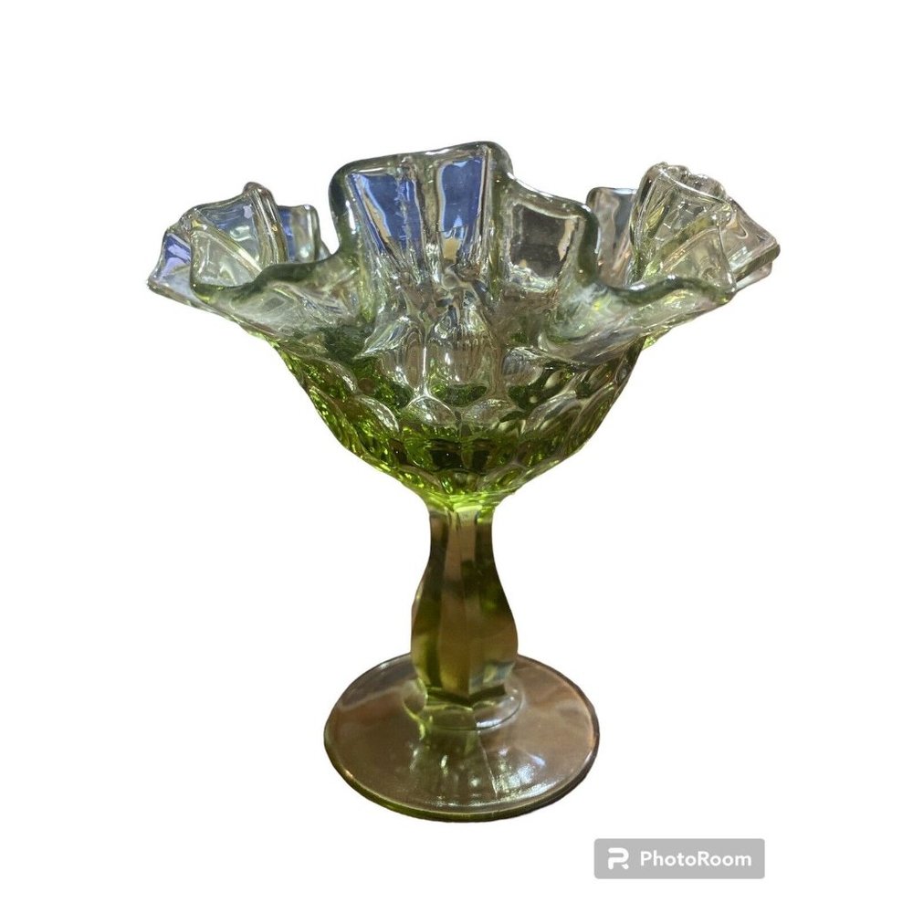 VTG Fenton Art Glass Colonial Green Thumbprint  Pedestal Compote Ruffled/Crimped